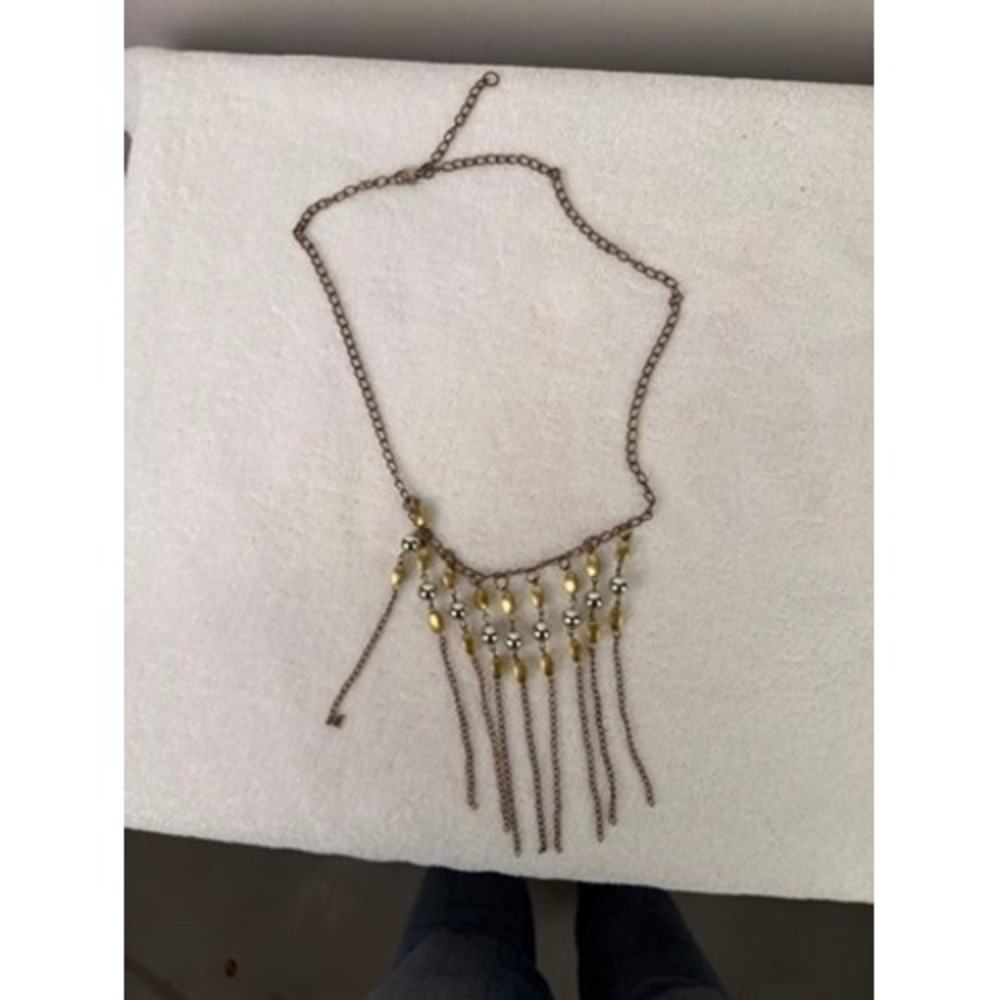Mixed Metal Bib Necklace Bronze Gold Silver Tone Beaded Fringe Statement Chain